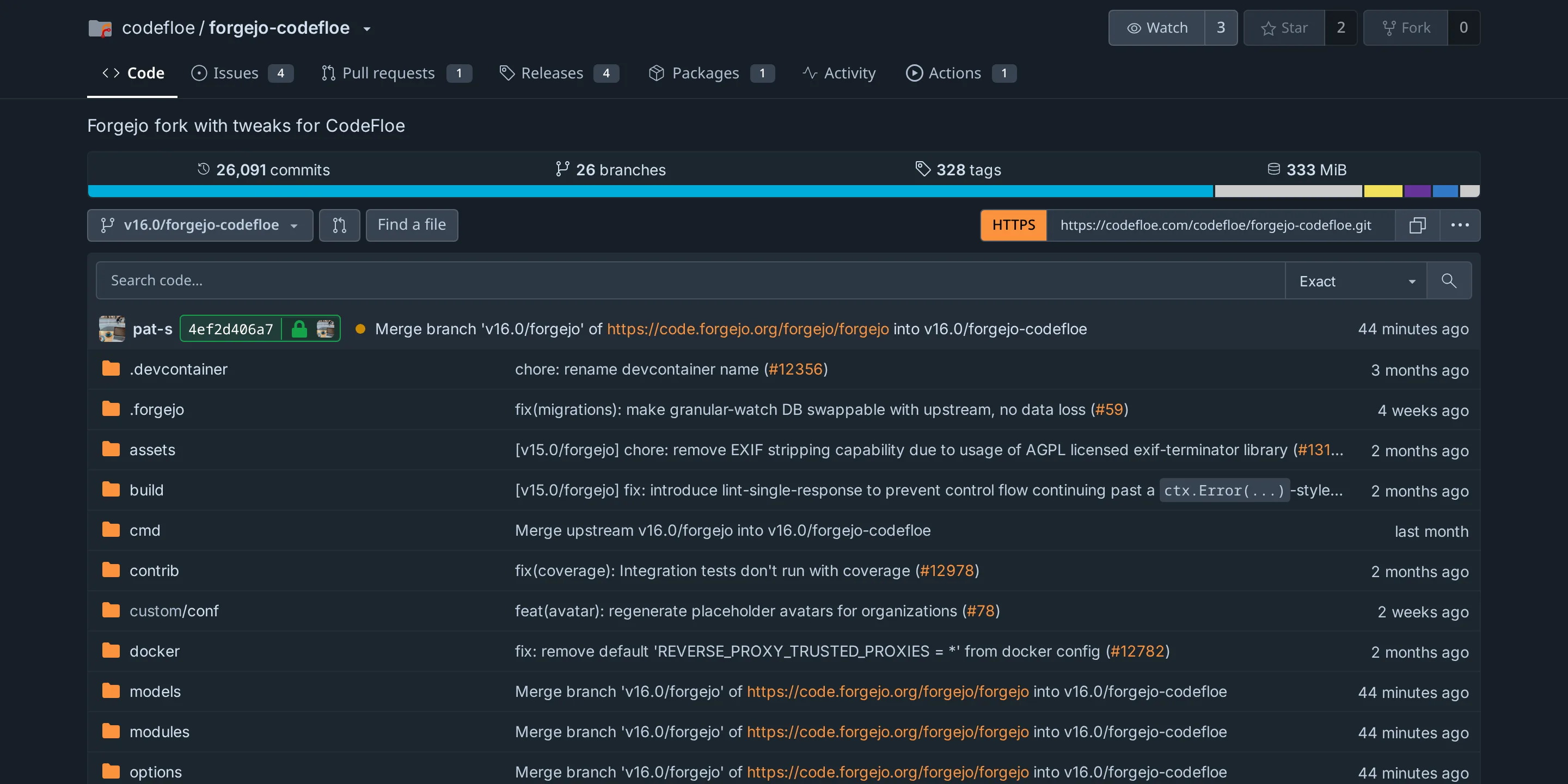 The CodeFloe repository view, showing the file tree and recent commits of the forgejo-codefloe repository