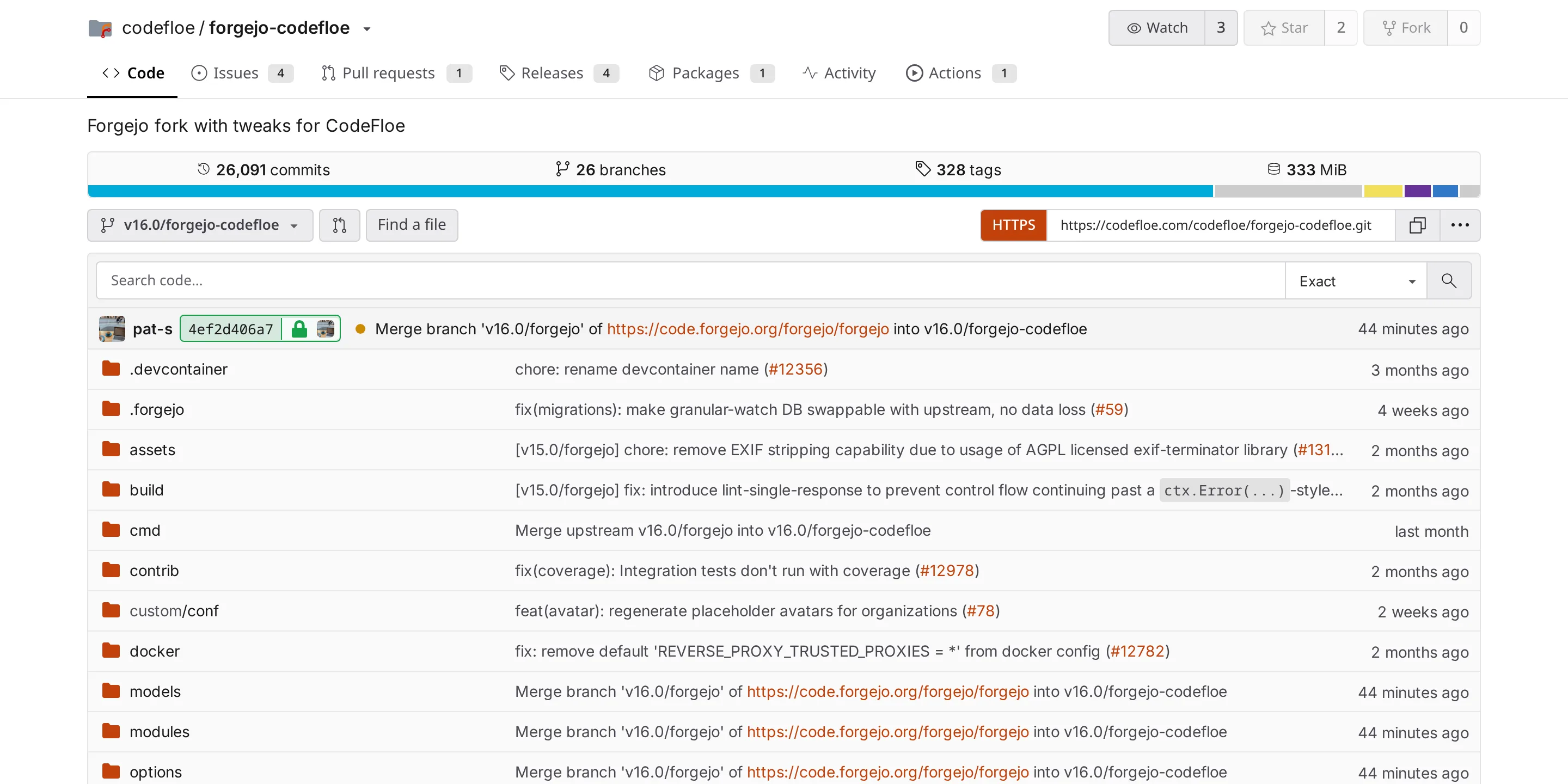 The CodeFloe repository view, showing the file tree and recent commits of the forgejo-codefloe repository